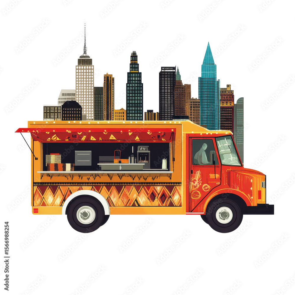 Obraz premium Colorful Food Truck with City Skyline in Background, Showcasing Street Food Culture and Urban Vibes on transparent background