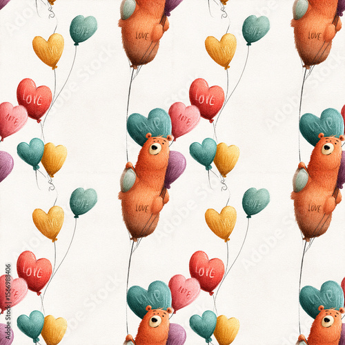 Watercolor bears with balloons seamless pattern