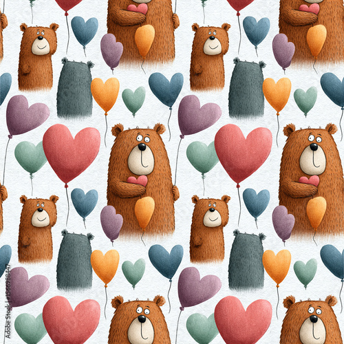 Watercolor bears with balloons seamless pattern