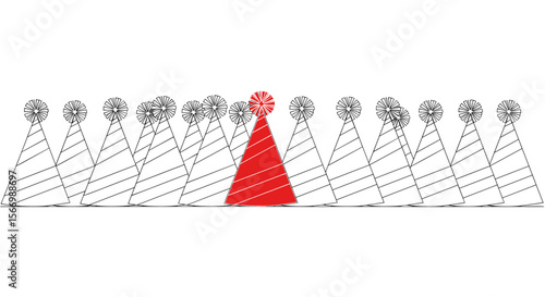 Red party hat among many gray hats in minimalistic style  