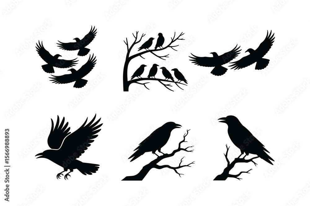 Obraz premium Black bird silhouettes flying and perched on bare branches birds crows