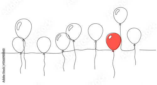 Red balloon standing out among white balloons in simple illustration  