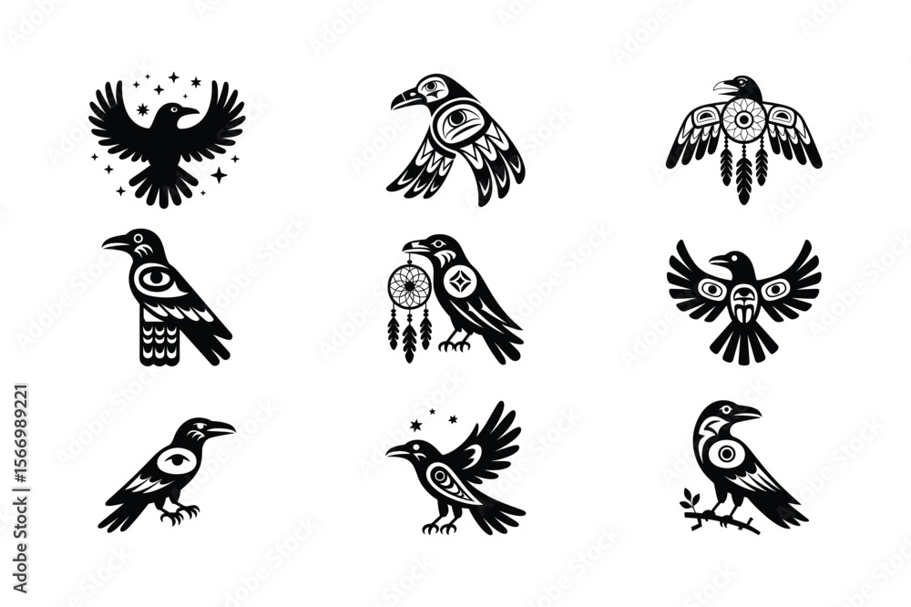 Fototapeta premium Black raven silhouettes with tribal designs and dreamcatcher crow bird