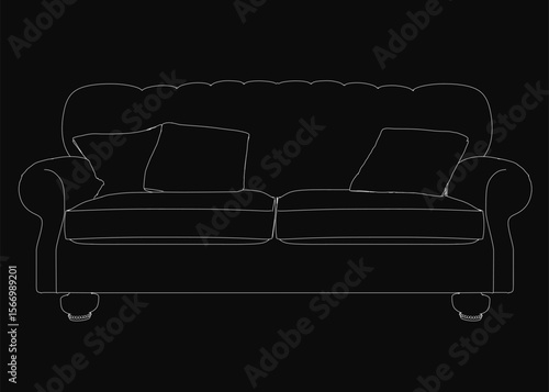 Black and white line drawing of a two-seater sofa with two decorative pillows. The clean illustration features simple shading and elegant curves. Perfect for interior design projects or furniture.