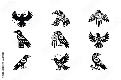 Black raven silhouettes with tribal designs and dreamcatcher crow bird