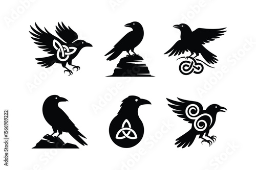 Black raven silhouettes with celtic knot designs and rocky perches crow bird