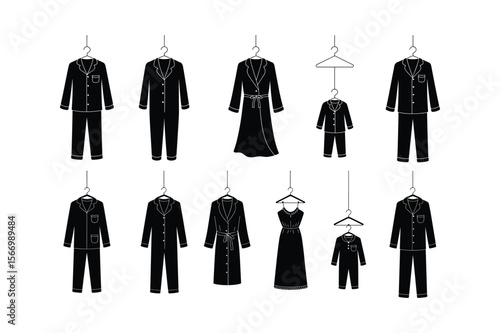 Black silhouette pajamas and robes on hangers nightgowns sleepwear