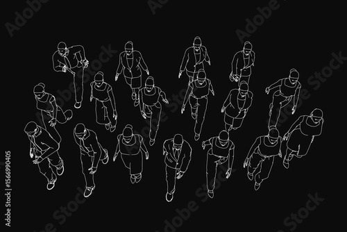 A line of people running swiftly on a black background creates striking contrast. The high-definition image captures their dynamic motion with crisp clarity.