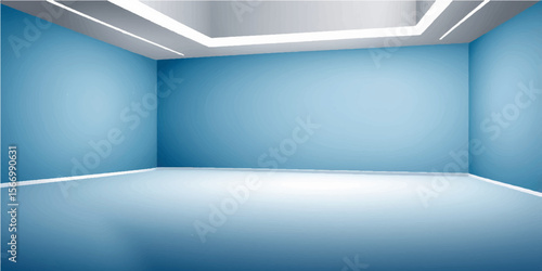 Empty white and blue room interior with a blank wall, a 3D render of a spacious, light-filled hall perfect for art exhibitions or an office design