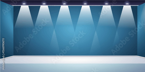 Empty blue stage with bright spotlights, a blank banner for exhibition design, and a modern gallery interior concept
