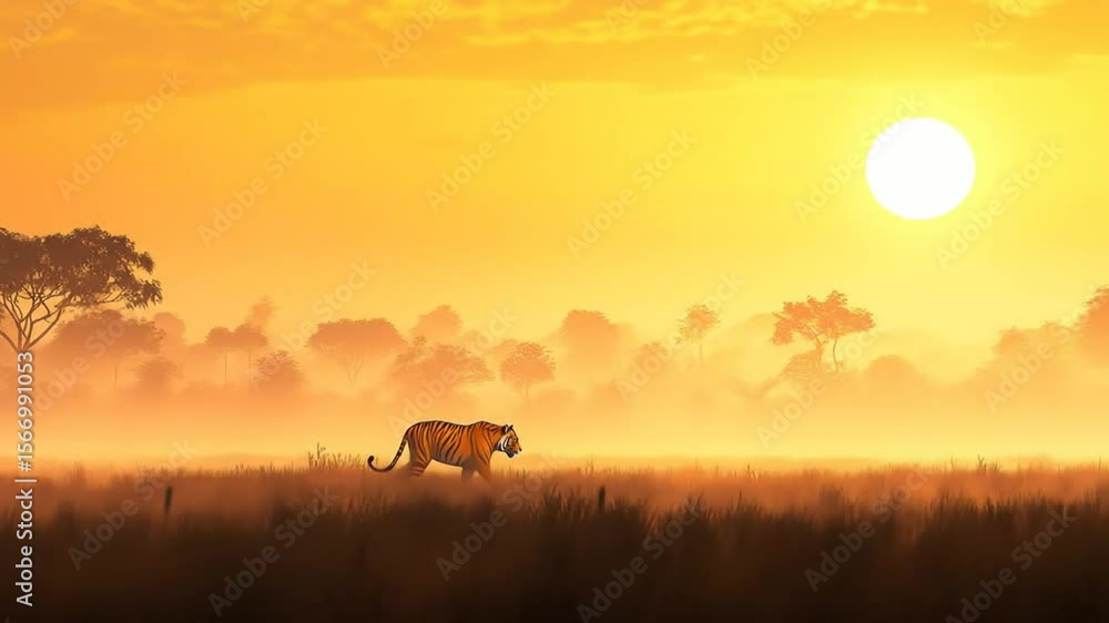 Striking tiger wanders misty savanna at sunset Striking tiger wanders misty savanna at sunset