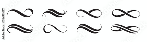 Infinity symbols collection, black infinity vector illustrations on white background. Perfect for logo design, branding, and mathematical representation. Various styles, from classic to artistic 