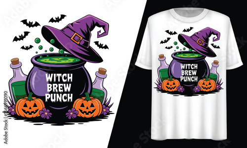Witch Brew Punch, Halloween Cauldron,  T-Shirt Design.