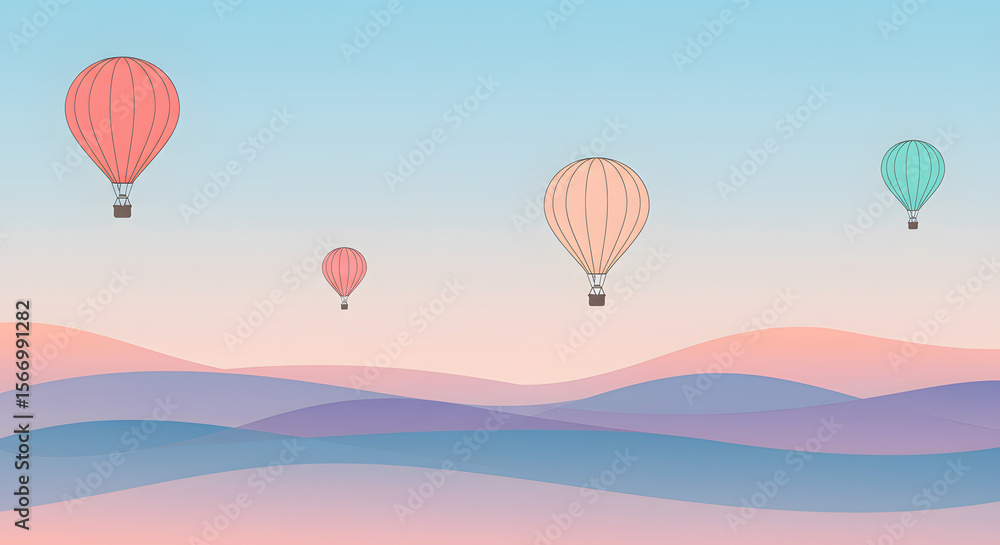 Obraz premium Pastel Hot Air Balloons Soaring Over Soft Hills at Sunrise
