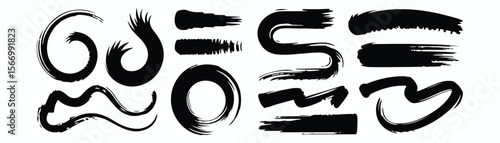 Black brush strokes vector illustration, abstract grunge texture on white background. Artistic design element, paint smear, ink splatter, creative graphic element. 