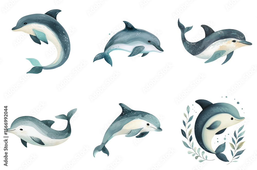 Naklejka premium Colorful dolphins in various poses illustrated with natural details, set