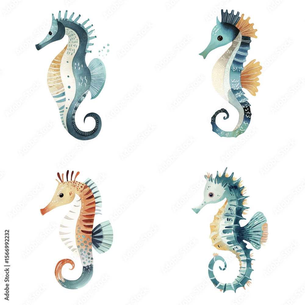 Fototapeta premium Four colorful watercolor seahorses with unique patterns and designs 
