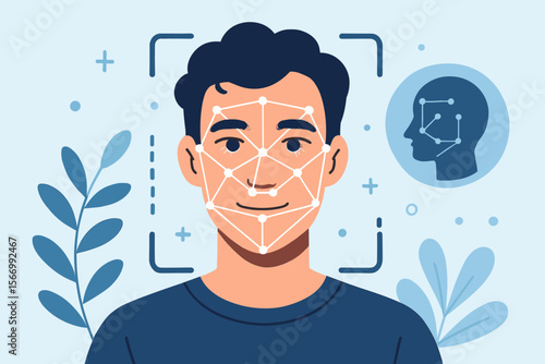 Facial recognition technology concept. Biometric identification system scanning a man's face for security and authentication. Artificial intelligence with face ID detection. Vector.