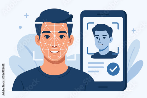 Facial recognition technology concept. Man's face scanned by smartphone app for biometric identification. Security system for authentication, verification, and personal data access.