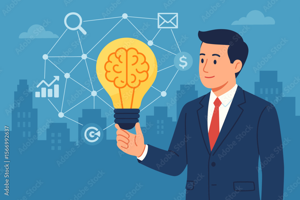 Creative business idea concept. Businessman holding a light bulb with a brain. Innovation, marketing strategy, and financial growth. Network connection with analysis icons. Flat vector. Creative business idea concept. Businessman holding a light bulb with a brain. Innovation, marketing strategy, and financial growth. Network connection with analysis icons. Flat vector.