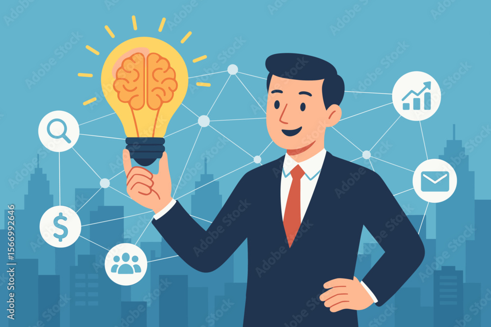 Business idea and creativity concept. Businessman holding light bulb with brain inside. Marketing network with strategy icons for growth, finance, team. Modern flat vector. Business idea and creativity concept. Businessman holding light bulb with brain inside. Marketing network with strategy icons for growth, finance, team. Modern flat vector.
