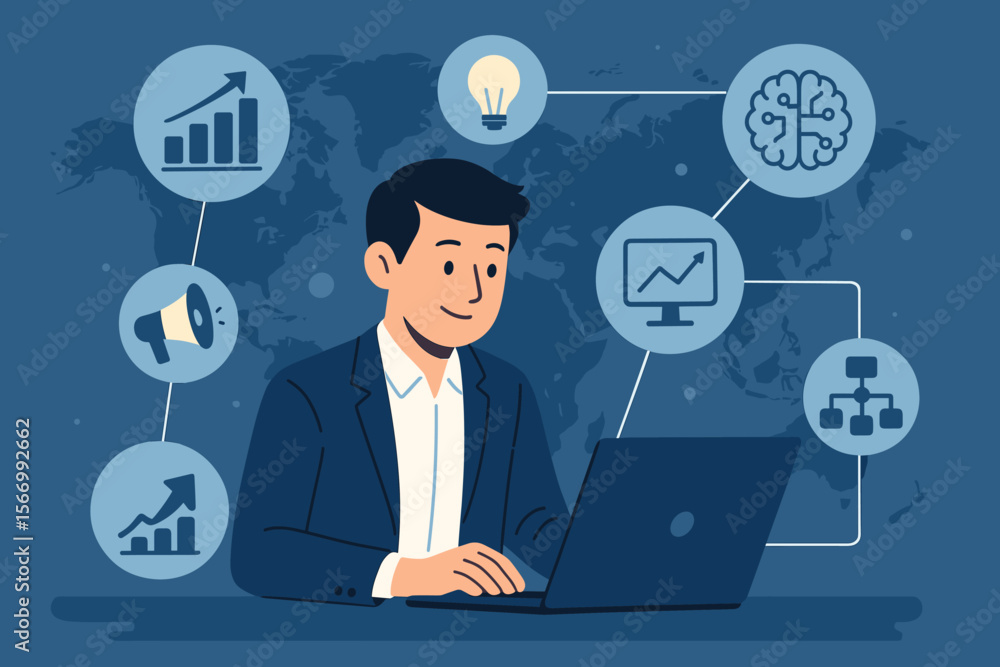Businessman managing digital marketing strategy with laptop. Data science analysis for business growth. Concept of AI, algorithm, global development, and technology solutions. Businessman managing digital marketing strategy with laptop. Data science analysis for business growth. Concept of AI, algorithm, global development, and technology solutions.