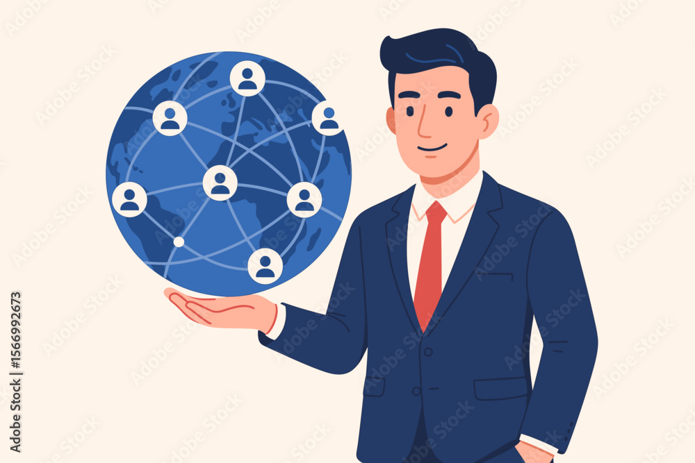 Businessman holding a globe with a social network of people. Concept of global business, communication, globalization, and human resources. Data science and teamwork. Flat vector illustration. Businessman holding a globe with a social network of people. Concept of global business, communication, globalization, and human resources. Data science and teamwork. Flat vector illustration.