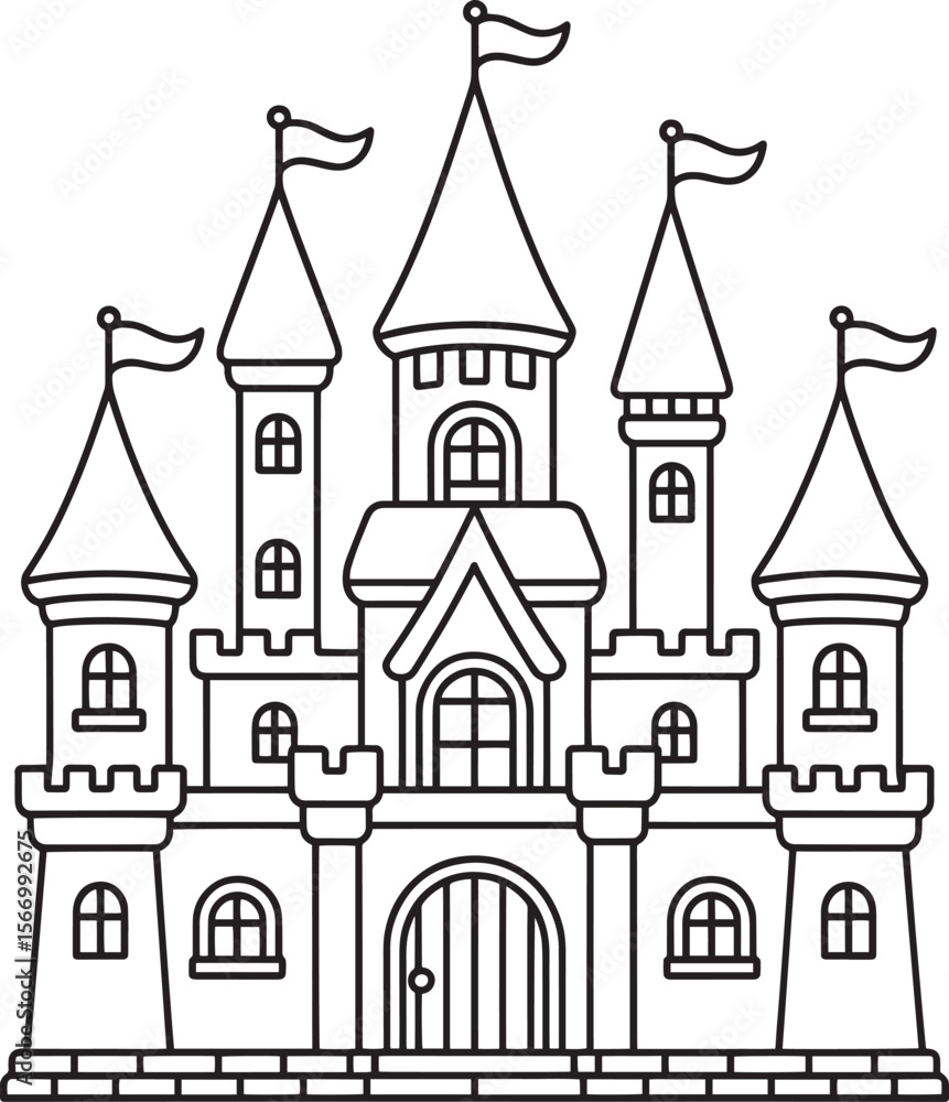 Fototapeta premium Detailed castle with towers and flags, ideal for fairytale or fantasy-themed illustrations.
