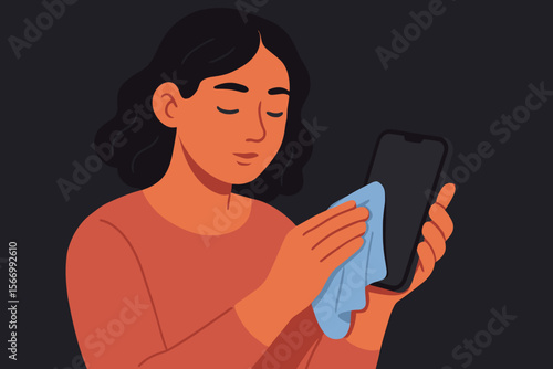 Woman cleaning mobile phone screen with a cloth. Hygiene concept, disinfecting a smartphone gadget. Person sanitizing device. Digital detox and care. Modern flat vector illustration.