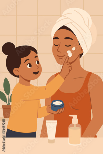 Cute daughter applying moisturizing face cream on mother's cheek. Mom and child beauty routine concept. Family bonding, skincare, and self-care in the bathroom. Vector cartoon.