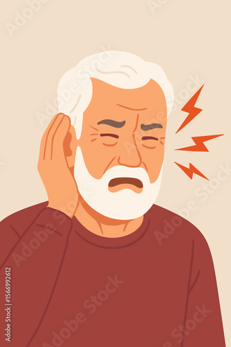 Senior man suffering from earache, tinnitus or hearing loss. Unhappy elderly person feeling sharp pain in ear. Concept of deafness, otitis, health problem. Modern flat vector cartoon illustration.