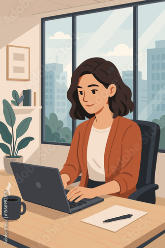 Business woman working on laptop in modern office. Young female professional, employee, or freelancer at desk. Corporate job or remote work concept. Flat vector illustration.