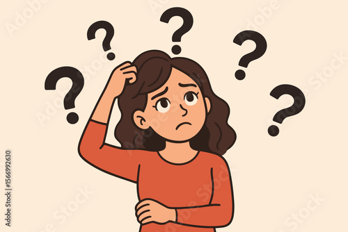 Puzzled woman scratching head with question marks around. Confused pensive girl thinking, seeking solution to a problem. Concept of doubt, dilemma, choice and uncertainty. Vector.