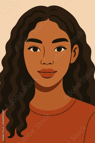 Beautiful multiethnic young woman portrait with long curly dark hair. Black, Latina, mixed race female face. Diversity and inclusion concept. Modern flat design vector cartoon illustration.