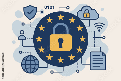 GDPR concept illustration. General Data Protection Regulation in the European Union. Cyber security, internet privacy, and network safety with padlock, shield, and cloud icons. Vector.