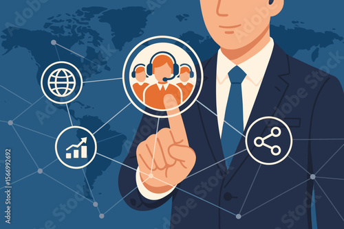 Businessman manages Customer Relationship Management CRM system. Man touching digital interface with customer service, growth, and network icons. Business strategy for global support.