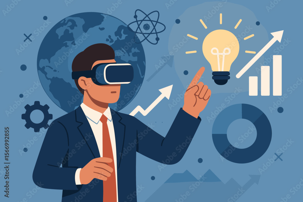 Businessman Using Virtual Reality for Innovation Strategy, Global Economy Growth, Technology Solutions, Futuristic Business Success, Data Analysis, Creative Ideas, Modern Flat Vector Illustration Businessman Using Virtual Reality for Innovation Strategy, Global Economy Growth, Technology Solutions, Futuristic Business Success, Data Analysis, Creative Ideas, Modern Flat Vector Illustration