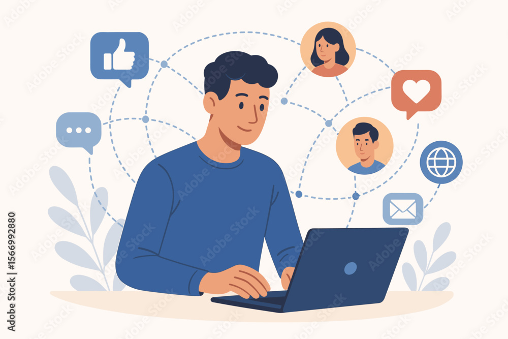 Man Using Laptop Social Media Network Communication. Online Connection, Internet Business Marketing, Digital Networking, Messaging, Social Interaction, Modern Flat Vector Illustration Man Using Laptop Social Media Network Communication. Online Connection, Internet Business Marketing, Digital Networking, Messaging, Social Interaction, Modern Flat Vector Illustration