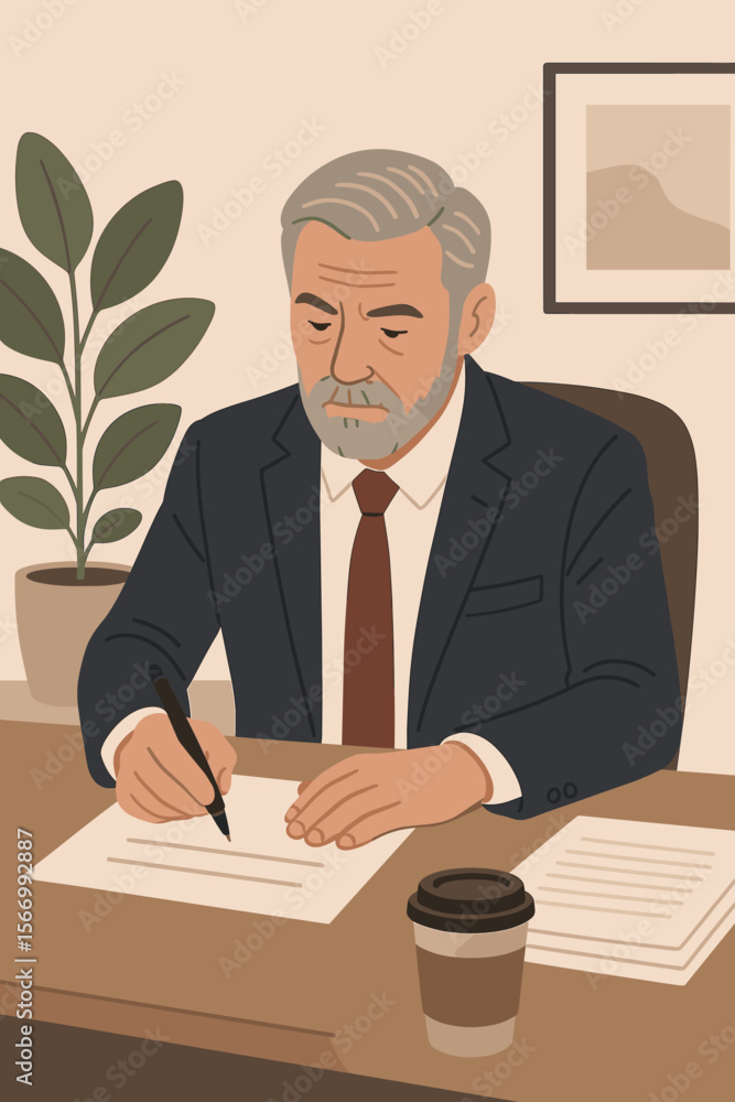 Mature businessman in suit writing on documents at office desk with coffee cup, paperwork, and plant. Professional executive signing contract. Modern flat vector illustration for business concepts Mature businessman in suit writing on documents at office desk with coffee cup, paperwork, and plant. Professional executive signing contract. Modern flat vector illustration for business concepts