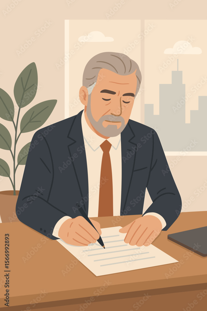 Senior businessman signing contract at office desk. Professional executive in suit writing on legal documents. Modern flat vector illustration of corporate workplace, business agreement, paperwork Senior businessman signing contract at office desk. Professional executive in suit writing on legal documents. Modern flat vector illustration of corporate workplace, business agreement, paperwork
