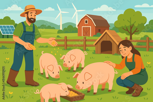 Sustainable pig farming cartoon. Ethical pork production. Farmers feeding pigs. Eco-friendly agriculture. Rural barn, wind turbines, solar panels. Animal welfare, green farm landscape illustration.