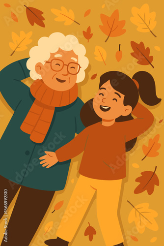 Happy grandmother and granddaughter lying on autumn leaves. Family enjoying seasonal activity outdoors. Concept of love, intergenerational bond, and togetherness. Flat cartoon vector.