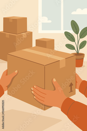 Moving day teamwork concept. Hands passing cardboard box indoors. Home relocation, packing, delivery service, moving house. Modern flat vector illustration with boxes, plant, window, teamwork action