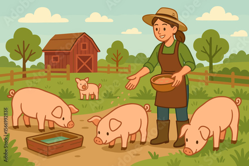 Cartoon Farmer Feeding Pigs on Sustainable Farm. Ethical Pig Farming, Animal Care, Barnyard Scene, Eco-Friendly Agriculture, Rural Landscape, Organic Livestock, Conscientious Food Production