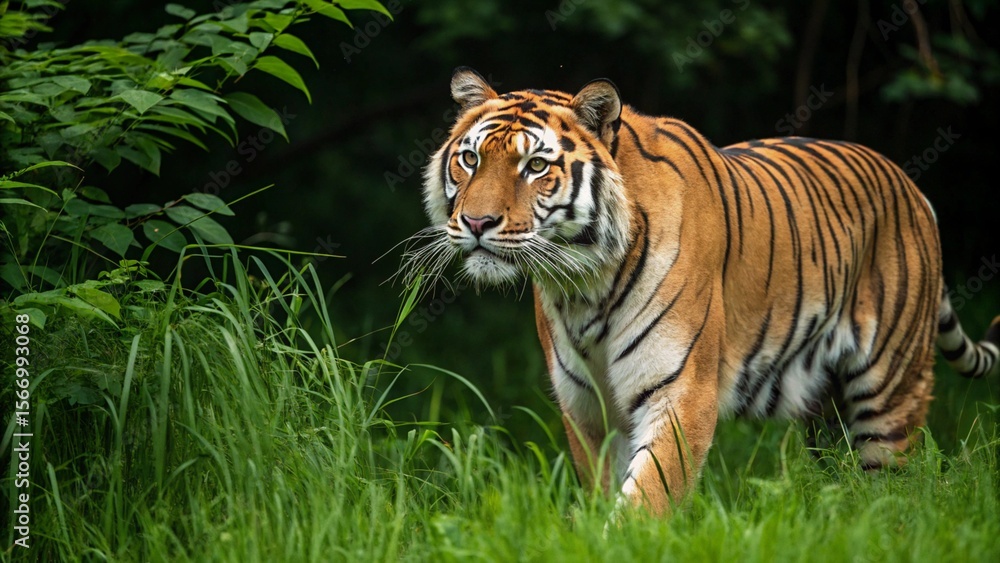 Fototapeta premium A beautiful Bengal tiger against a lush green habitat background Sundarban