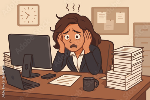 Stressed businesswoman overwhelmed by paperwork and deadlines at office desk, anxiety burnout concept, cartoon vector illustration, workplace mental health, corporate stress, multitasking overload