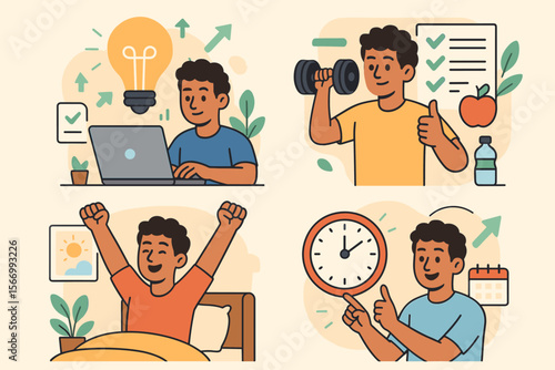 Vector cartoon set illustrating productivity and healthy daily habits, morning routine, exercise, time management, creative work, wellness, motivation, self-care, organization, lifestyle improvement