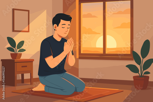 Peaceful morning prayer meditation at home. Man kneeling on rug with hands in prayer, sunrise through window, spiritual mindfulness, calm interior, indoor relaxation, flat vector illustration