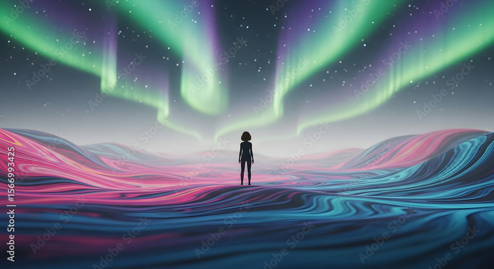 Fototapeta premium Solitary figure under aurora borealis in abstract landscape