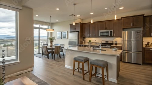 Wallpaper Mural Modern apartment interior design open concept living space kitchen dining area with scenic view windows Torontodigital.ca